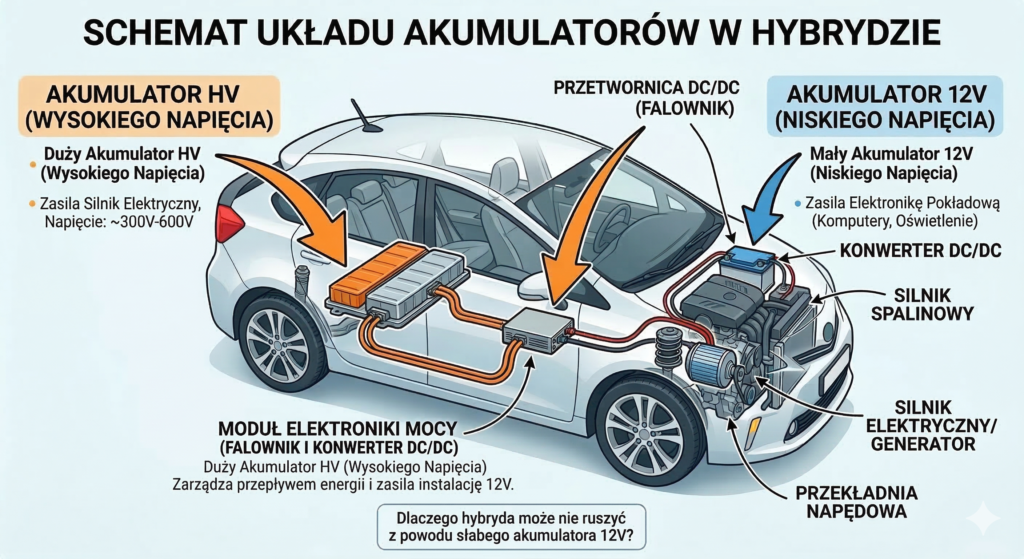 Akumulator 12V w hybrydzie Toyoty - schemat układu zasilania